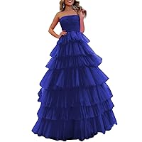 A Line Tulle Strapless Prom Dresses Tiered Ball Gown Formal Evening Dress for Women