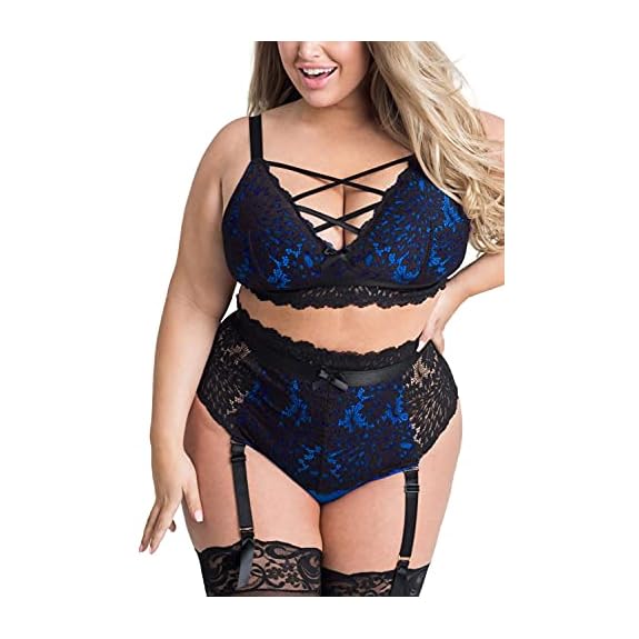 EVELUST Plus Size Lingerie for Women - Sexy Luxe Criss-cross Bra Lace Cup  Classic Underwear High Waisted Suspender Set