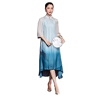 Women's Dress Silk Water Ink Print Dress Loose Chinese Element Blue Dress Two Piece Set 2624