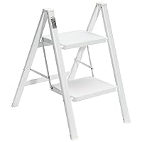 2 Step Ladder, Lightweight Portable Foldable Collapsible Folding Sturdy Steel Metal Step Stool with Anti-Slip Wide Pedal, Heavy Duty 330 lbs Capacity, for Home, Kitchen, Closet, Adults, White
