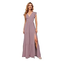 Dessiny Flutter Sleeves Chiffon Bridesmaid Dresses for Women with Slit Long V Neck Formal Party Dress 2024 DE152