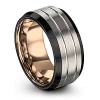 Tungsten Wedding Band Ring 10mm for Men Women Bevel Edge Grey Black 18K Rose Gold Double Line Brushed Polished
