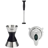 OXO SteeL Muddler with Non-Scratch Nylon Head and Soft Non-Slip Grip, Silver, 9-Inch & OXO SteeL Double Jigger & OXO Cocktail Strainer, Steel