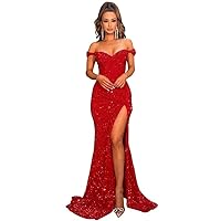 RSOETOO Sparkly Prom Dresses with Slit Long Mermaid Sequin Dress Off The Shoulder Ball Gowns Dress for Women RO032