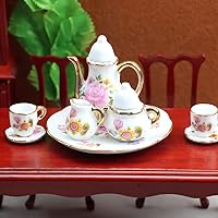 1/6 Scale Dollhouse Miniatures Flower Tea Coffee Set Pot Cup Doll House Porcelain Set, Plum Blossom Flower; Pot H: 1 1/3