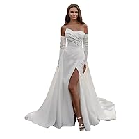 Plus Size Split Silk Satin Strapless Mermaid Bridal Ball Gown Wedding Dresses for Women Brides Detachable Train Long