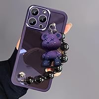for iPhone 15 Pro Max Case Cute with Wrist Strap Cartoon Bear Purple Silicone TPU Shockproof Protective Phone Cases Cover for iPhone 15 Pro Max 6.7