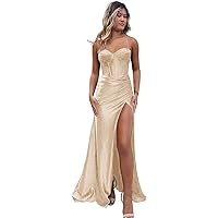 Women's Spaghetti Strap Mermaid Prom Dresses Long Beaded Satin Formal Evening Party Gowns with Split