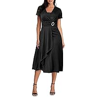 Maxi Dresses for Women 2024 Formal, Women Vintage Solid V Neck Short Sleeve Party Ruffled Long Irregular Hem D