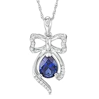 Pear Cut Created Blue Sapphire & 0.10 CT Diamond Bow Designer Pendant Necklace 14k White Gold Over