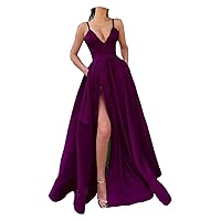Fanciest Women's Spaghetti Straps Satin High Slit Prom Evening Dresses with Pockets Long Formal Dress