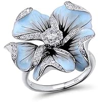 Female Blue Big Flower Drop Oil Zircon Ring For Women