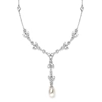 Mariell Freshwater Pearl and CZ Tulip Dangle Wedding Necklace - Silver Platinum Plated Jewelry for Brides