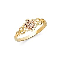14k Yellow & Rose Gold Fancy Flower Ring Floral Band Polished Diamond Cut Genuine Two Tone 7MM, Size 5.5