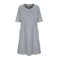 Elbow Length Sleeve Cotton Linen Shirts Dresses for Women Summer Casual Crewneck Pleated Flowy Beach Midi Dress with Pockets