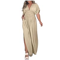 Womens Summer Dresses 2024 Fashion Solid Color V-Neck Short Sleeve Elastic Waist Split Long Dress