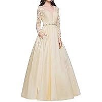 Prom Dresses Long Wedding Evening Dress Deep V Neck Prom Dress Lace Sleeve Bridal Dress with Crystal Belt Women's
