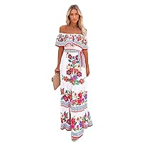 RanRui Stylish Floral Print Maxi Dress Women's of-Shoulder Rufed Smocked Summer Beach Vacation Dress Flowy Casual Wear