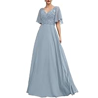 Plus Size Mother of The Bride Dresses with Sleeves Lace Appliques Short Sleeve Chiffon V-Neck Long Formal Evening Dresses for Women Dusty Blue 18