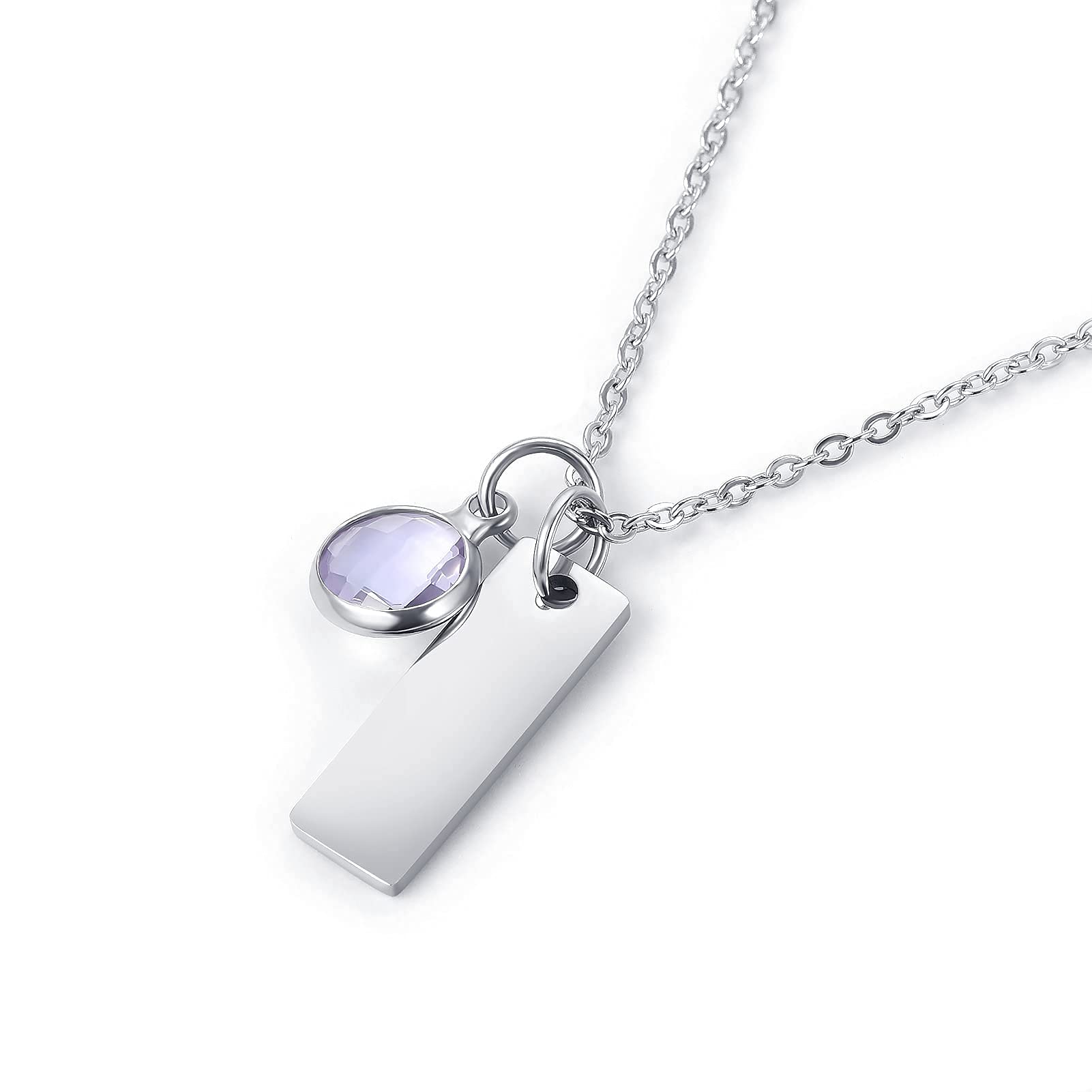 QeenseKc Skinny Mini Vertical Bar Necklace with Light Purple Birthstone Personalized Long Name Stainless Steel Jewelry for Women