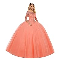 Women's Tulle Quinceanera Prom Dresses Ball Gown Sheer Neck Illusion Half Sleeve Sweet 16 Dress