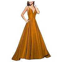 Women's V Neck Spaghetti Straps Stain Prom Dress A Line Party Evening Dresses with Pockets