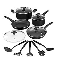 BELLA Cookware Set, 12 Piece Pots and Pans with Utensils, Nonstick PFOA Free Scratch Resistant Cooking Surface Compatible with All Stoves, Nylon and Aluminum, Black