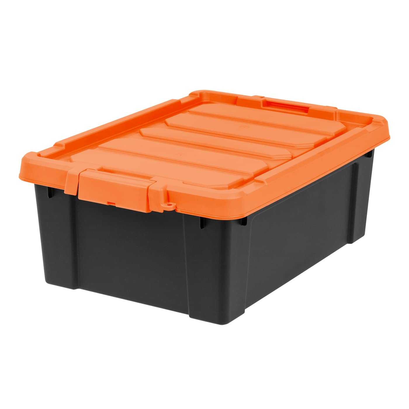 IRIS USA 11.75 Gallon Heavy-Duty Plastic Storage Bins, 2 Pack, Store-It-All Container Totes with Durable Lid and Secure Latching Buckles, Garage and Metal Rack Organizing, Black/Orange