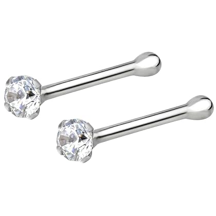 Forbidden Body Jewelry 22G Nose Rings Studs w/ 1.5mm Crystal - 1 or 2 Pcs 7mm Sterling Silver Nose Piercing Jewelry, l Shaped Nose Rings Women & Men - CZ Simulated Diamond, Small Nose Studs Women