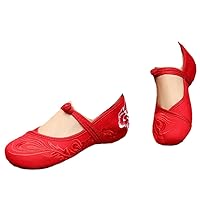 Round Toe Women Summer Canvas Flat Shoes Flax Insole Breathable Ethnic Embroidery Female Shoes Durable Flats Red 4.5