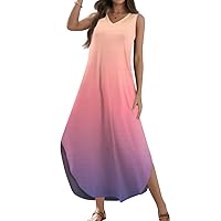 Women's 2024 Summer Casual Loose Sundress Long Dress Floral Print Sleeveless V Neck Split Tshirt Maxi Dresses