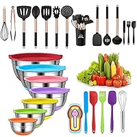 CHAREADA 18Pcs Stainless Steel Nesting Colorful Mixing Bowls Set with Airtight lids for Mixing & Serving& Preparing Rose Gold 14Pcs Silicone Cooking Utensil Set - BPA Free, Non Toxic