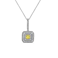 Princess Yellow Sapphire & Natural Diamond Double Halo Pendant 0.36 ctw 14K White Gold. Included 18 Inches Chain