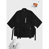 Shirts for Men Men Chinese Letter Embroidery Buckled Flap Pocket Kimono Shirt (Color : Black, Size : X-Large)