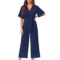 GAMISOTE Womens Wide Leg Jumpsuits Short Sleeve Tie Knot Front Summer Long Romper