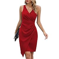 oten Women's Sleeveless V Neck Asymmetrical Bodycon Faux Wrap Cocktail Party Dresses Ruched Wedding Guest Formal Short Dress