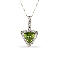 Trillion Cut Peridot & Natural Diamond 1 5/8 ctw Women Halo Pendant Necklace. Included 16 Inches Chain 14K Gold