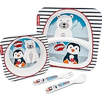 Bamboo Kids Plates Combo wit Divided Square Plate, Square Bowl and Fork & Spoon (Winter Friends) - Primo Passi