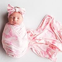 Luxury Rayon from Bamboo Headband & Baby Swaddle for Newborns 0-3 Months, Rose Petal Love Newborn Swaddle Blanket for Baby Girls, Hypoallergenic, Breathable & Buttery Soft