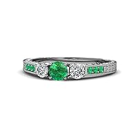 Emerald and Diamond Milgrain Work 3 Stone Ring with Side Emerald 0.80 ct tw in 14K White Gold