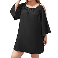 Plus Size Women Cold Shoulder 3/4 Bell Sleeve T-Shirt Mini Dress Summer Casual Oversized Crewneck Tunic Swing Dress