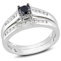 Lustrous Black and White Diamond Inexpensive Diamond Bridal Ring Set 1 Carat Round Cut Diamond on Gold