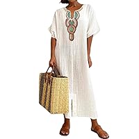 Cotton Linen Embroidered Dress for Women Short Sleeve Casual Loose U-Neck Beach Midi Long Dress Split Hem Dress