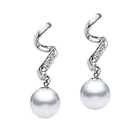 14k White Gold AAAA Quality White Freshwater Cultured Pearl Diamond Dangle Earrings for Women - PremiumPearl