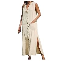 Notch V Neck Button Down Tank Dress for Women Casual Cotton and Linen Maxi Dress with Pockets Loose Split Summer Dress