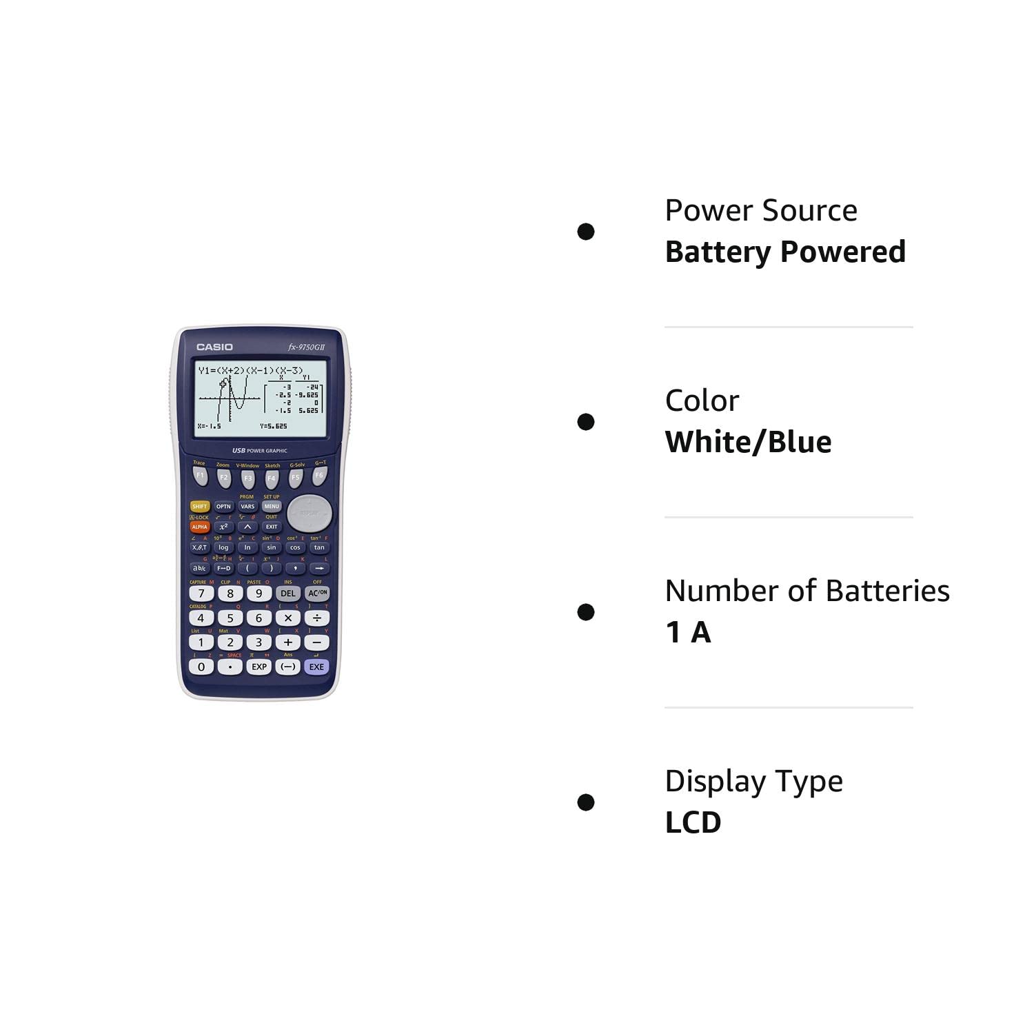 Casio fx-9750GII Graphing Calculator with icon based menu. Color white.