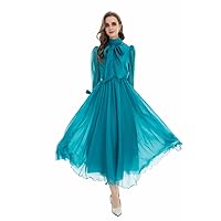 Unique Women Evening Gown Dress Blue Mesh Elegant Chic Party Dress with Belt