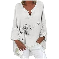 Summer Women Linen Cotton Tshirt Tops Vintage Trendy Casual Loose Fit Tunic Tees Short Sleeve Plus Size V Neck Blouses