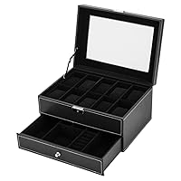 10 Slots Watch Box Mens Watch Organizer Lockable Jewelry Display Case with Real Glass Top Faux Leather Black