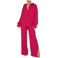 Women's 2 Piece Casual Pleated Outfits Lace-Up Long Sleeve Button Down Shirts High Waist Wide Leg Trouser Sets Suit